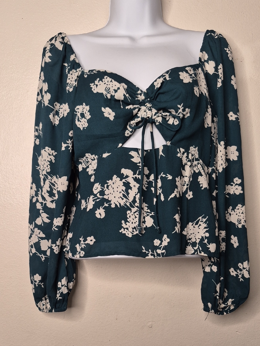 Abercrombie & Fitch Teal Floral Tie-Front Long Sleeve Blouse